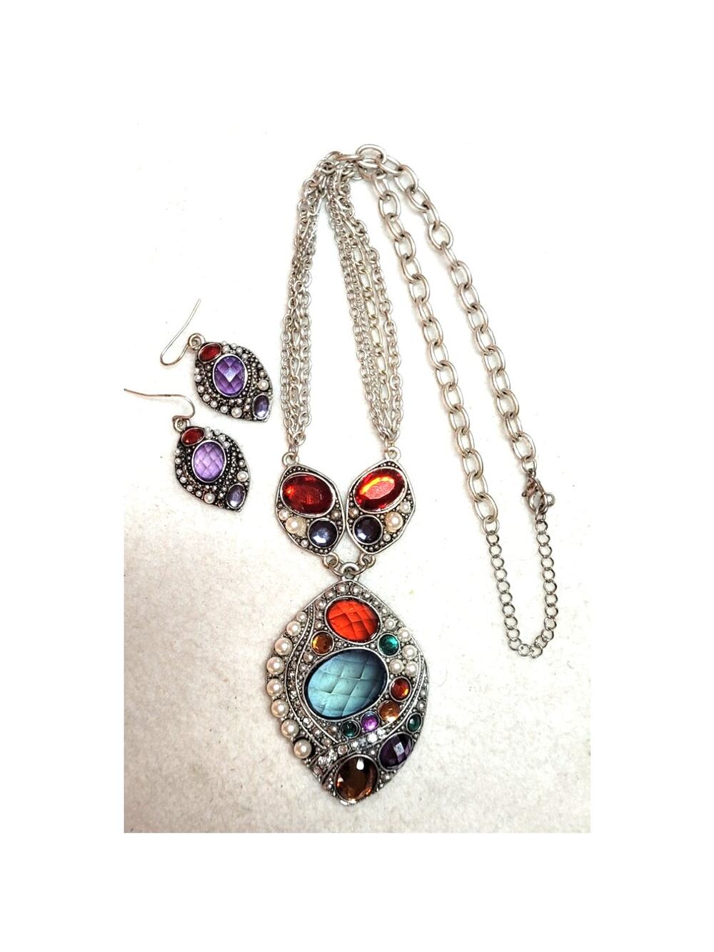 Vtg Style Statement Necklace & Earrings Set Red Blue Purple Rhinestone Silver
